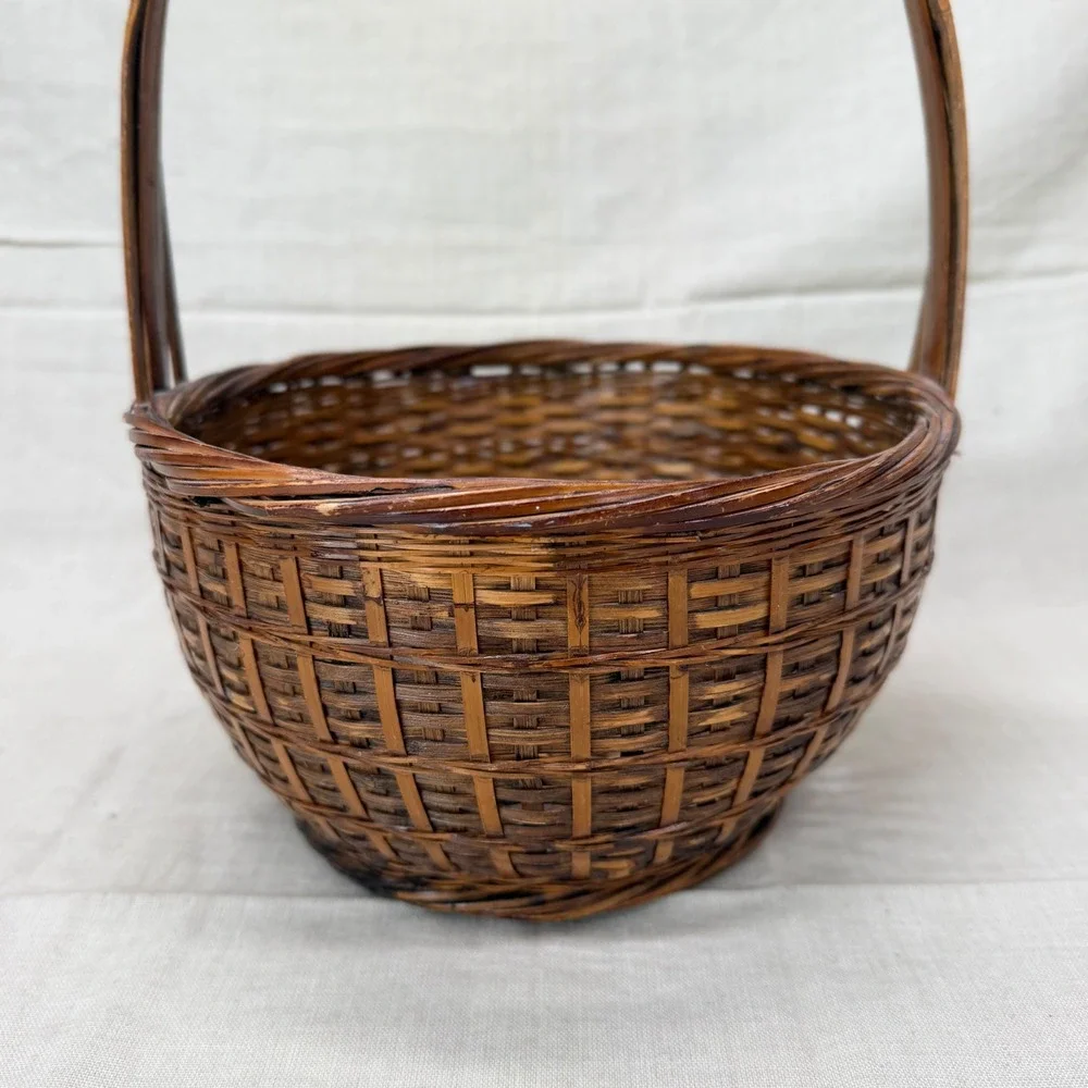 Vintage Woven Bamboo Gathering Basket with Handle Brown Rustic Farmhouse Decor